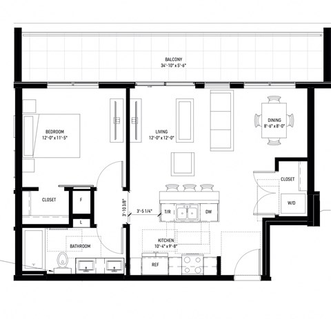Floor plan for 1 bed, 1 bath, 730 sqft